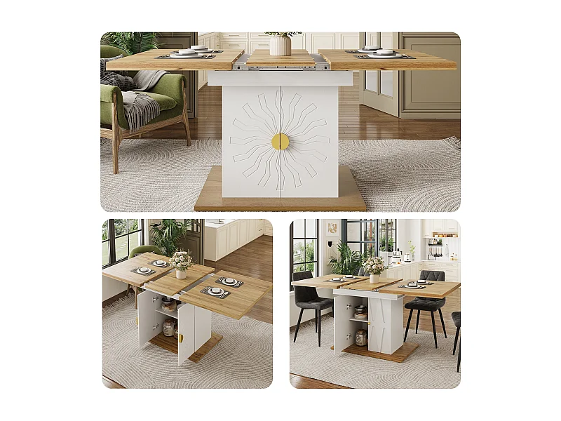 Table à manger extensible avec motif soleil - 110 (140) x 70 x 76 cm - avec 2 portes - MDF - blanc + naturel