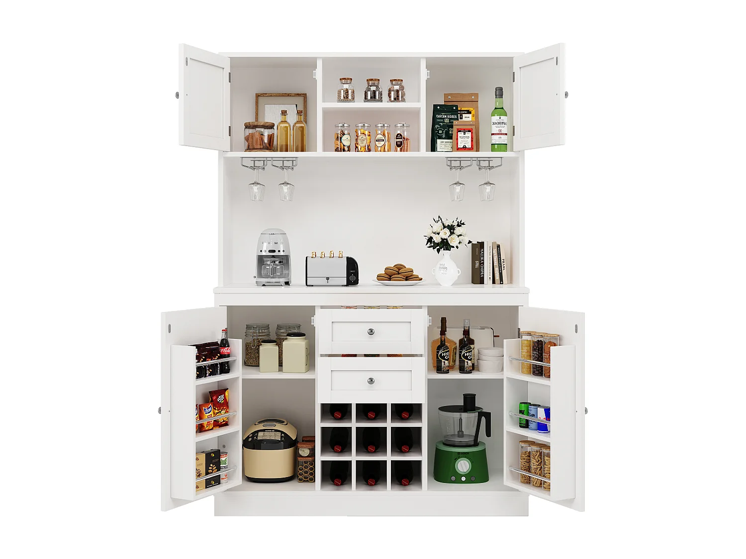 Hohes Küchen-Sideboard – 120 x 40 x 188 cm – mit verstellbaren Einlegeböden, Weinregal, 4 Türen und 2 Schubladen – MDF – weiß