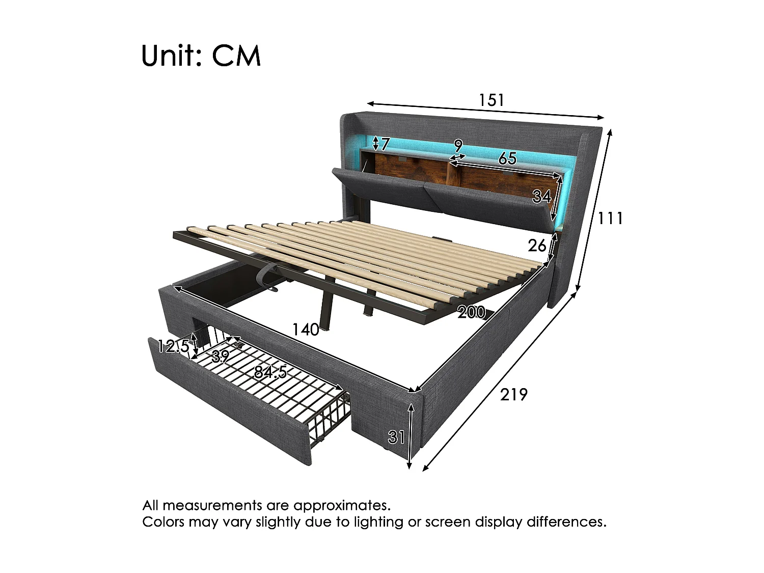 Gestoffeerd hydraulisch opbergbed - 140 x 200 cm - met opbergbaar hoofdeinde + LED's + USB + lade - linnen - grijs (inclusief matras)