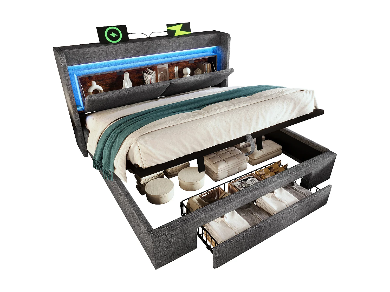 Gestoffeerd hydraulisch opbergbed - 140 x 200 cm - met opbergbaar hoofdeinde + LED's + USB + lade - linnen - grijs (inclusief matras)