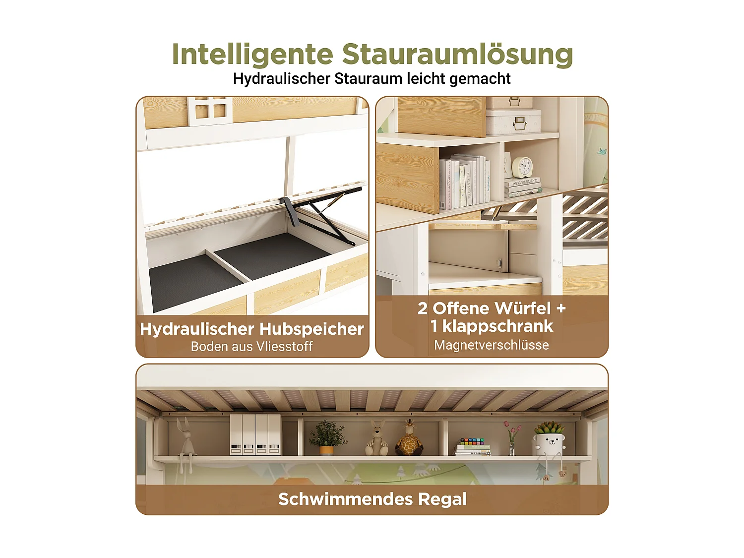 Lit superposé pourt enfant - 2 x 90 x 200 cm - avec escalier de rangement + étagère + coffre hydraulique - bois + métal - naturel