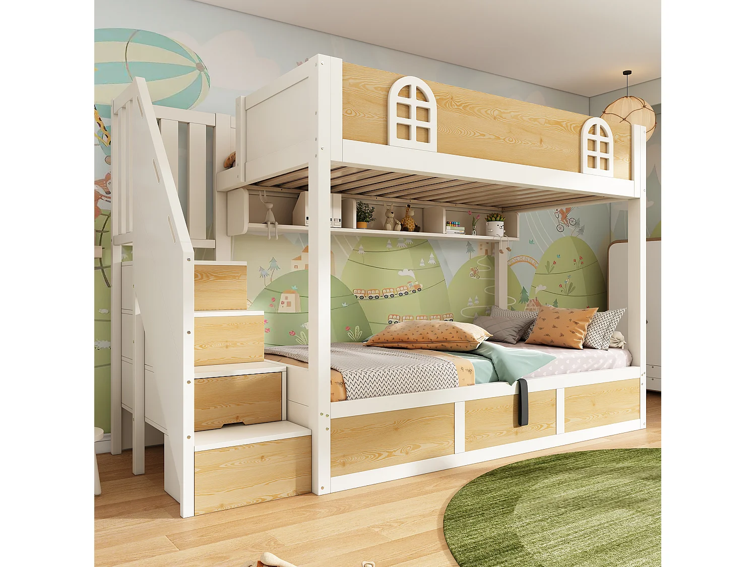 Lit superposé pourt enfant - 2 x 90 x 200 cm - avec escalier de rangement + étagère + coffre hydraulique - bois + métal - naturel