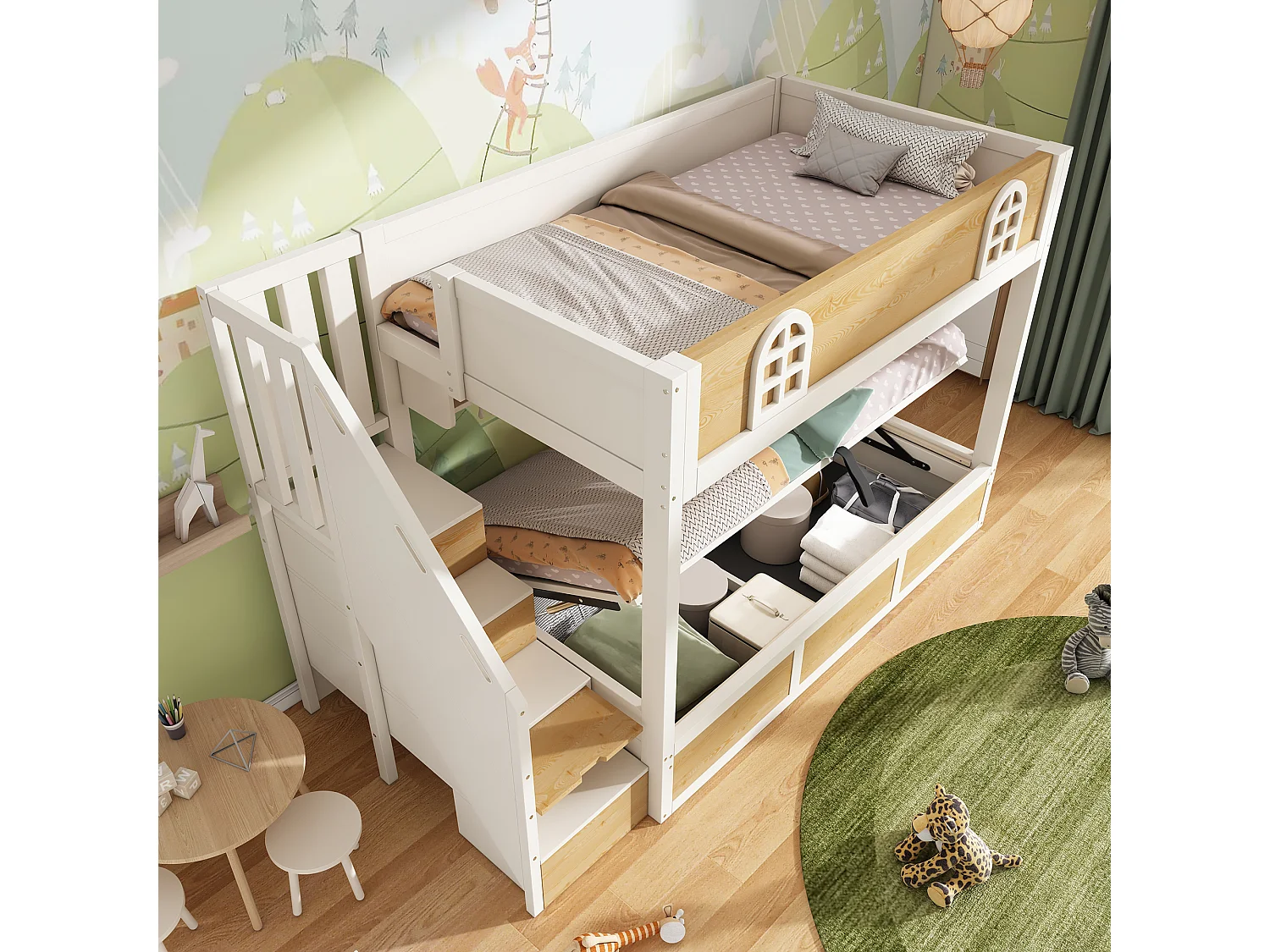 Lit superposé pourt enfant - 2 x 90 x 200 cm - avec escalier de rangement + étagère + coffre hydraulique - bois + métal - naturel