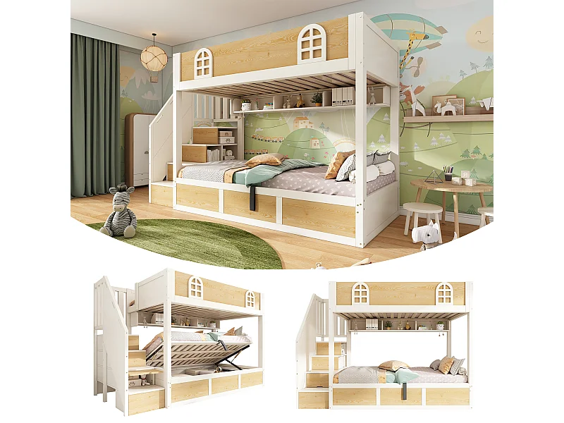 Lit superposé pourt enfant - 2 x 90 x 200 cm - avec escalier de rangement + étagère + coffre hydraulique - bois + métal - naturel
