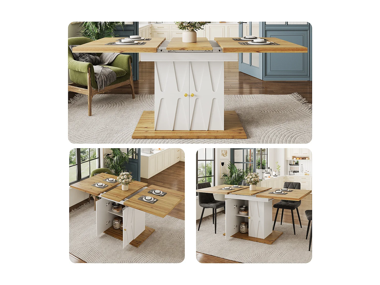 Table à manger extensible avec motif en relief - 110 (140) x 70 x 76 cm - avec 2 portes - MDF - blanc + naturel