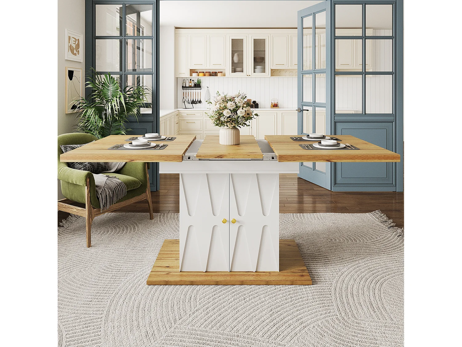 Table à manger extensible avec motif en relief - 110 (140) x 70 x 76 cm - avec 2 portes - MDF - blanc + naturel