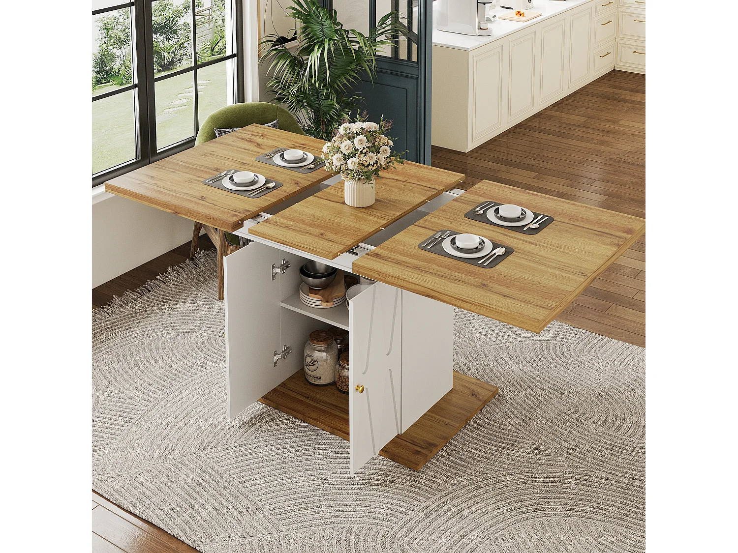 Table à manger extensible avec motif en relief - 110 (140) x 70 x 76 cm - avec 2 portes - MDF - blanc + naturel