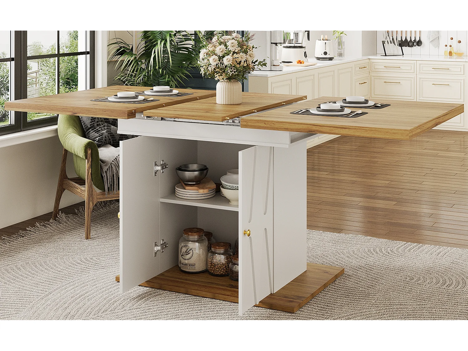 Table à manger extensible avec motif en relief - 110 (140) x 70 x 76 cm - avec 2 portes - MDF - blanc + naturel