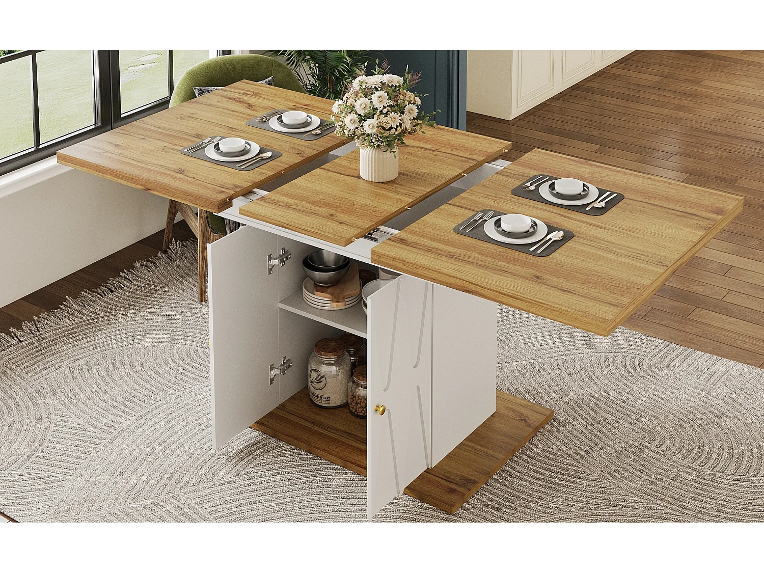 Table à manger extensible avec motif en relief - 110 (140) x 70 x 76 cm - avec 2 portes - MDF - blanc + naturel
