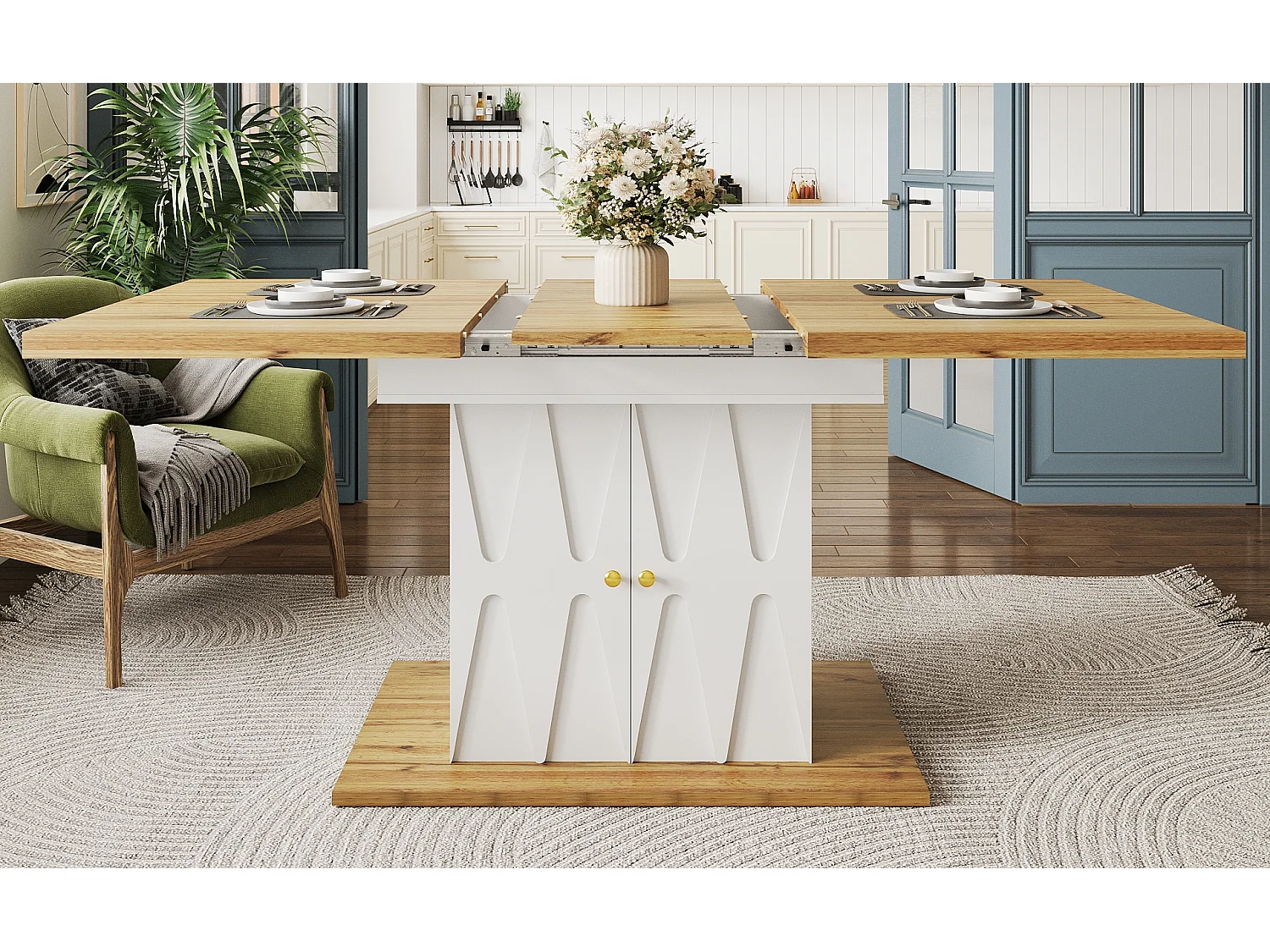 Table à manger extensible avec motif en relief - 110 (140) x 70 x 76 cm - avec 2 portes - MDF - blanc + naturel