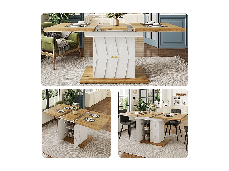 Table à manger extensible avec motif en relief - 110 (140) x 70 x 76 cm - avec 2 portes - MDF - blanc + naturel