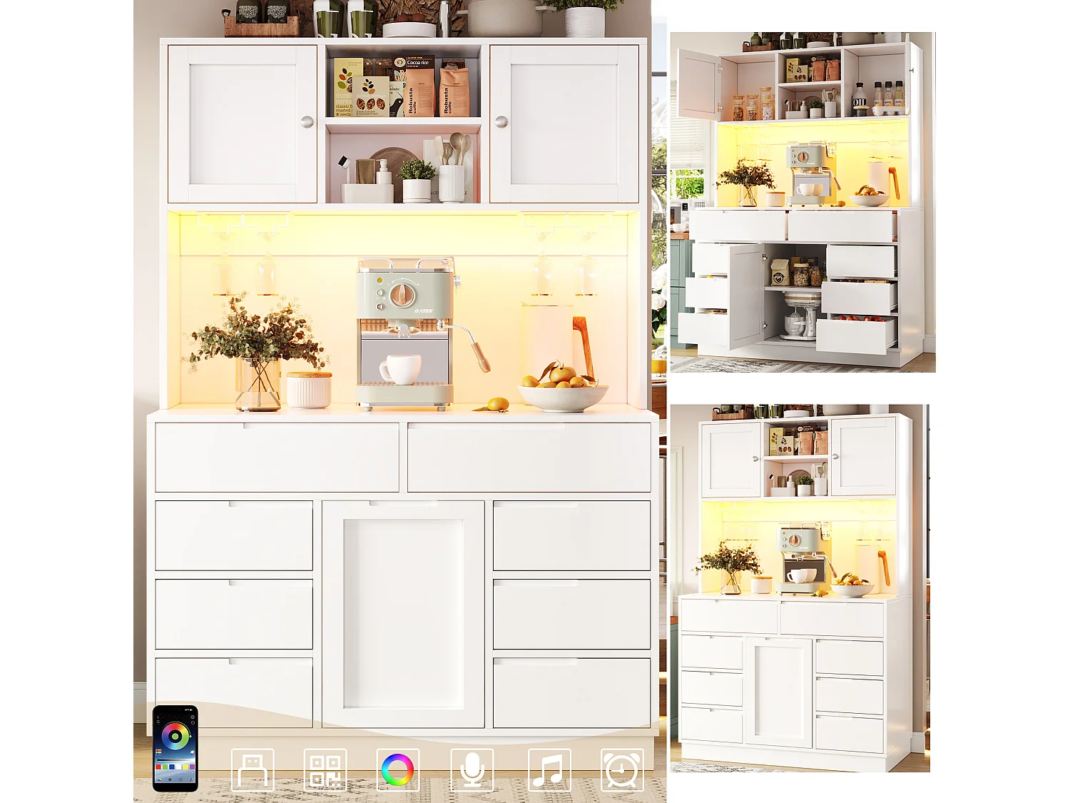 Hohes Küchen-Sideboard – 120 x 40 x 183,5 cm – mit LED-Beleuchtung, USB-Anschluss, Magnettüren und 8 Schubladen – MDF – weiß