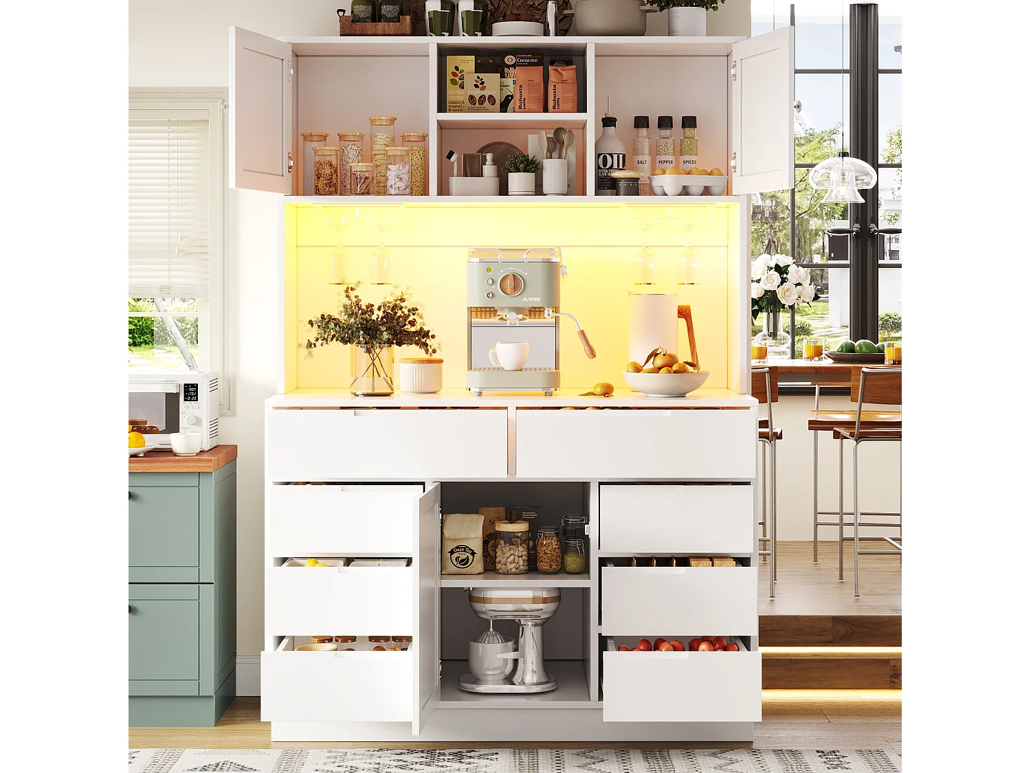 Hohes Küchen-Sideboard – 120 x 40 x 183,5 cm – mit LED-Beleuchtung, USB-Anschluss, Magnettüren und 8 Schubladen – MDF – weiß