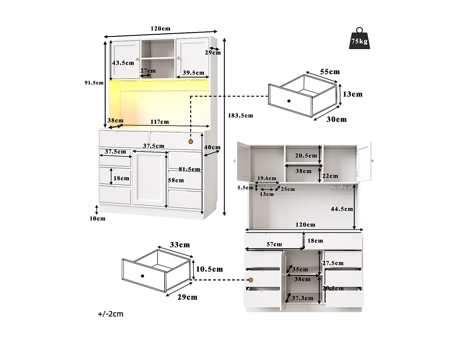 Hohes Küchen-Sideboard – 120 x 40 x 183,5 cm – mit LED-Beleuchtung, USB-Anschluss, Magnettüren und 8 Schubladen – MDF – weiß