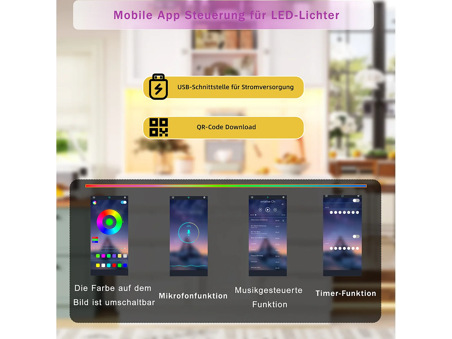 Hohes Küchen-Sideboard – 120 x 40 x 183,5 cm – mit LED-Beleuchtung, USB-Anschluss, Magnettüren und 8 Schubladen – MDF – weiß