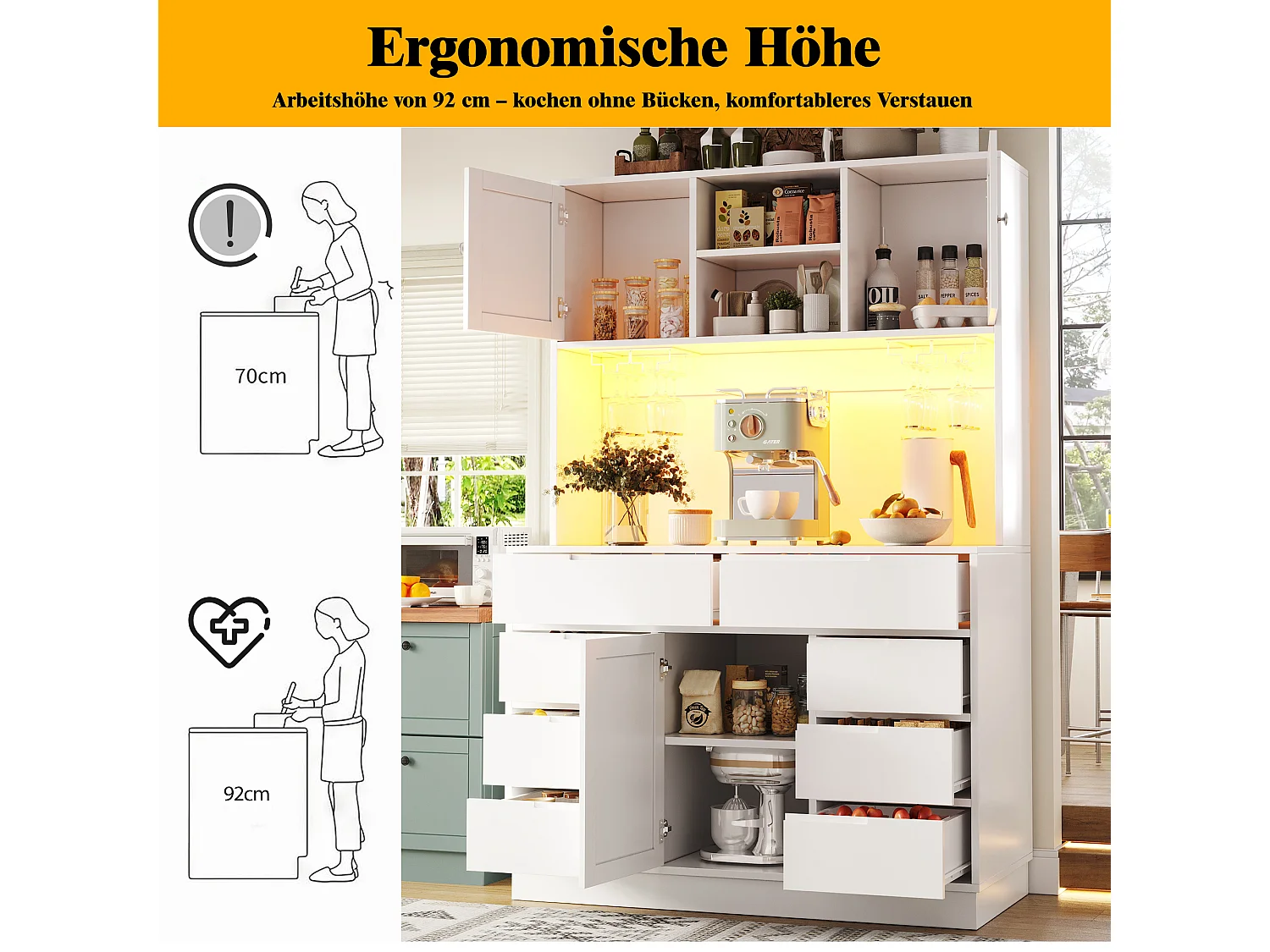 Hohes Küchen-Sideboard – 120 x 40 x 183,5 cm – mit LED-Beleuchtung, USB-Anschluss, Magnettüren und 8 Schubladen – MDF – weiß