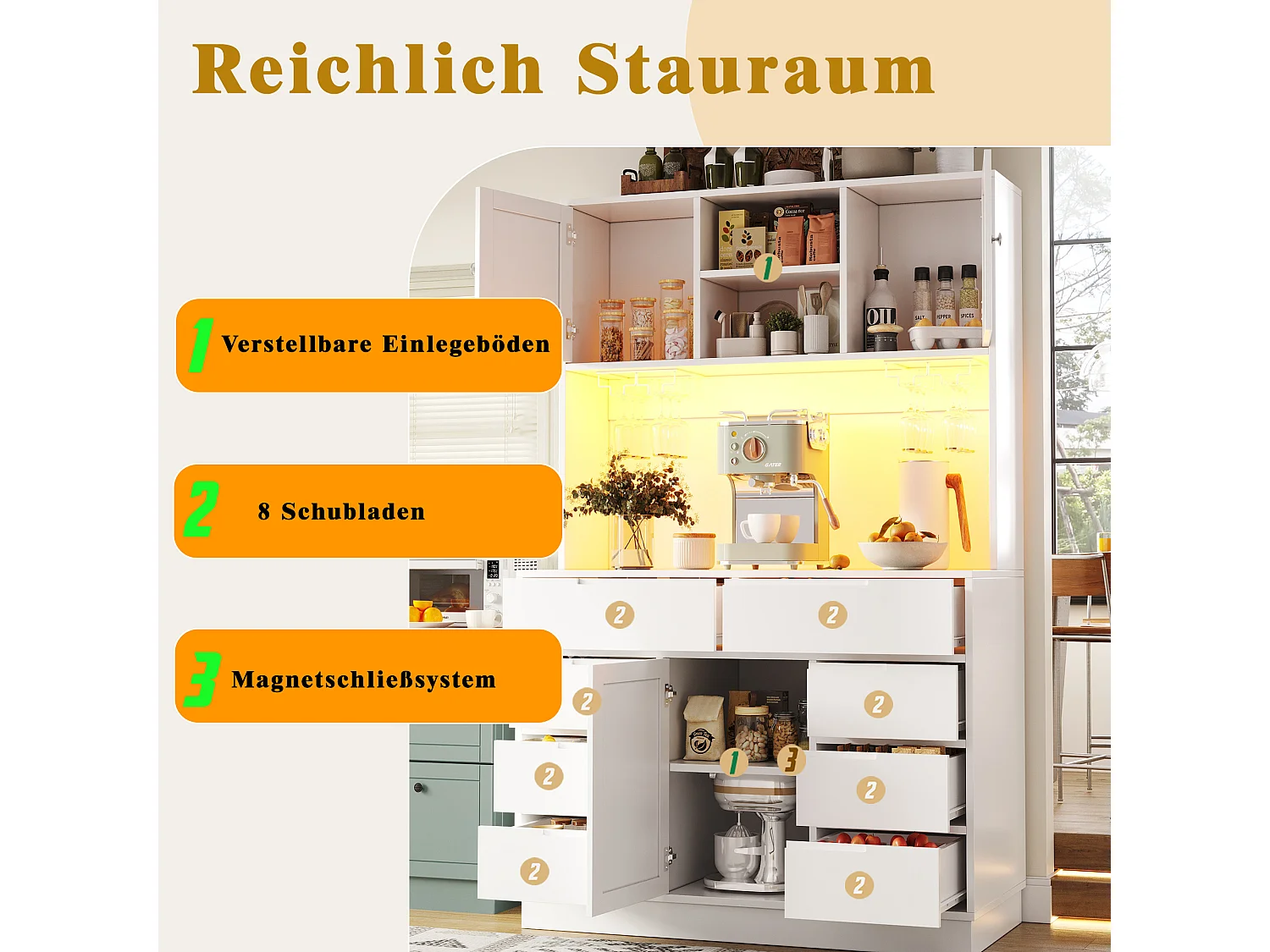 Hohes Küchen-Sideboard – 120 x 40 x 183,5 cm – mit LED-Beleuchtung, USB-Anschluss, Magnettüren und 8 Schubladen – MDF – weiß