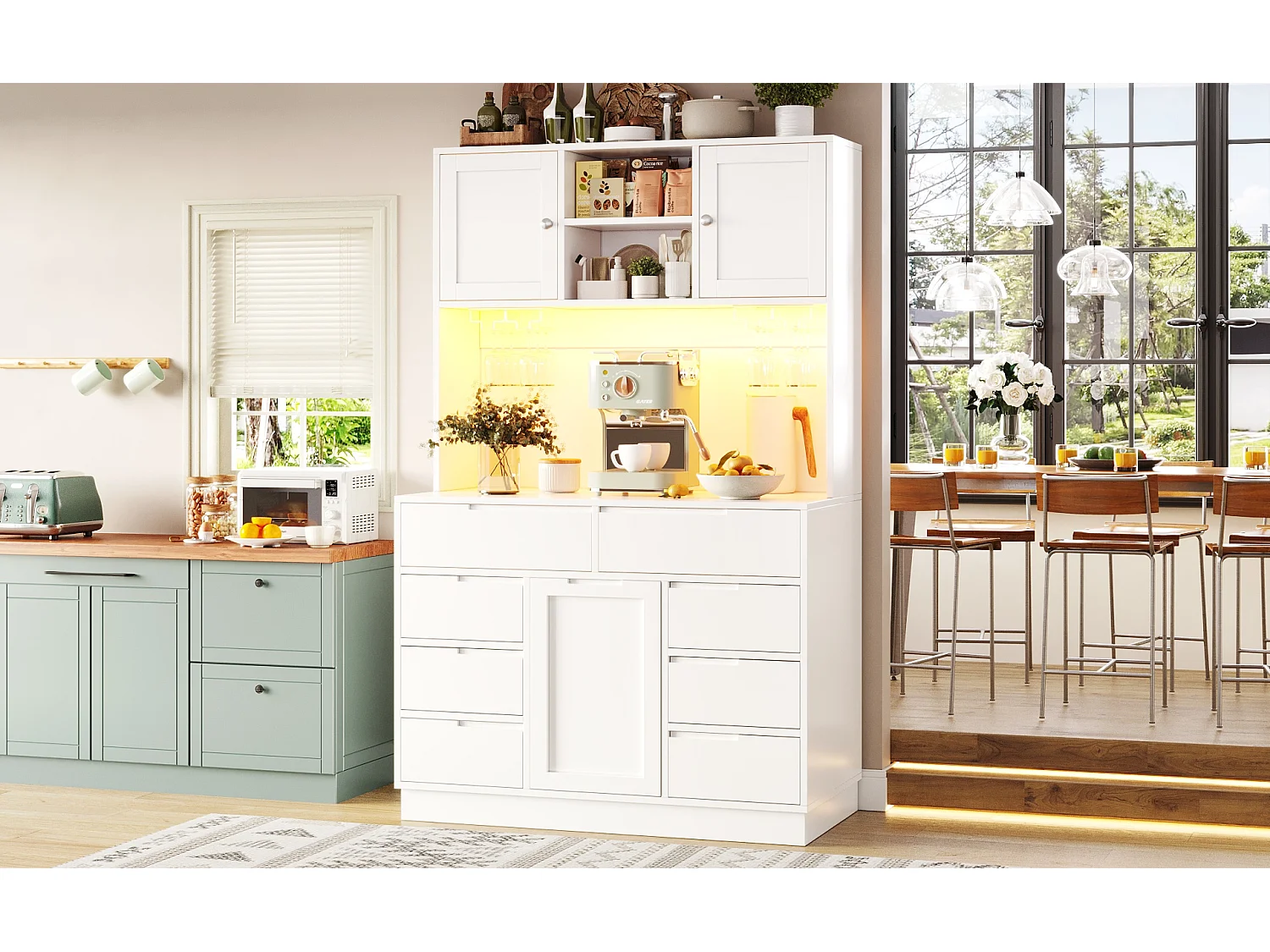 Hohes Küchen-Sideboard – 120 x 40 x 183,5 cm – mit LED-Beleuchtung, USB-Anschluss, Magnettüren und 8 Schubladen – MDF – weiß