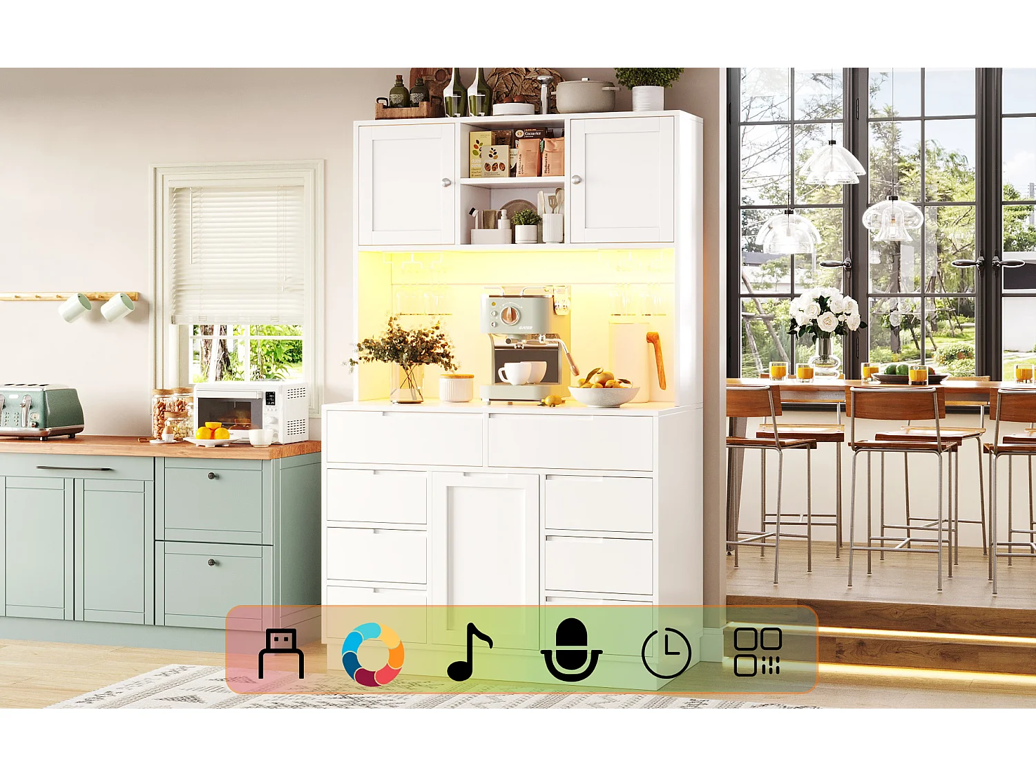 Hohes Küchen-Sideboard – 120 x 40 x 183,5 cm – mit LED-Beleuchtung, USB-Anschluss, Magnettüren und 8 Schubladen – MDF – weiß