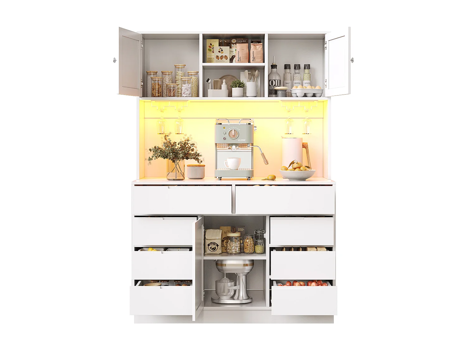 Hohes Küchen-Sideboard – 120 x 40 x 183,5 cm – mit LED-Beleuchtung, USB-Anschluss, Magnettüren und 8 Schubladen – MDF – weiß