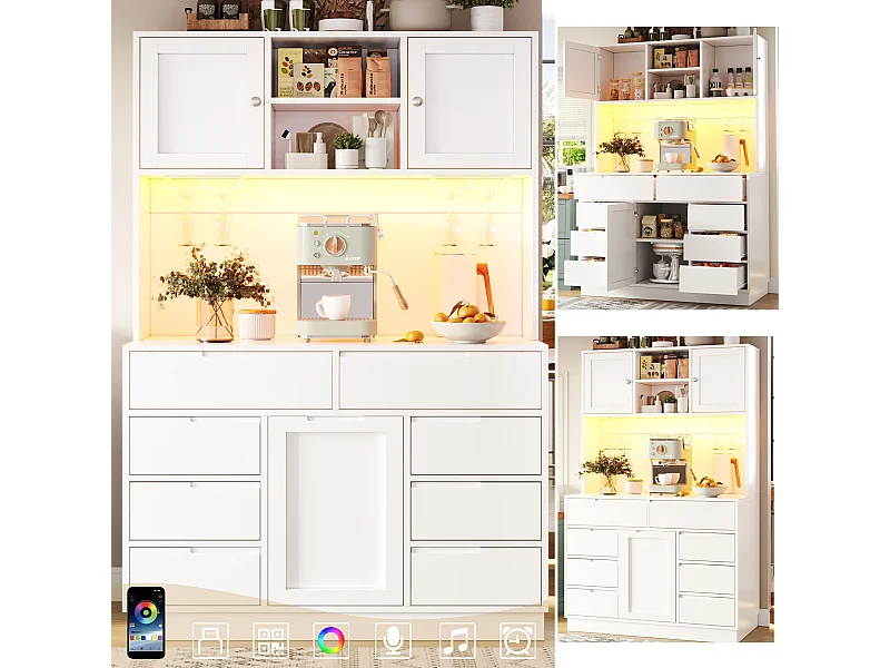 Hohes Küchen-Sideboard – 120 x 40 x 183,5 cm – mit LED-Beleuchtung, USB-Anschluss, Magnettüren und 8 Schubladen – MDF – weiß
