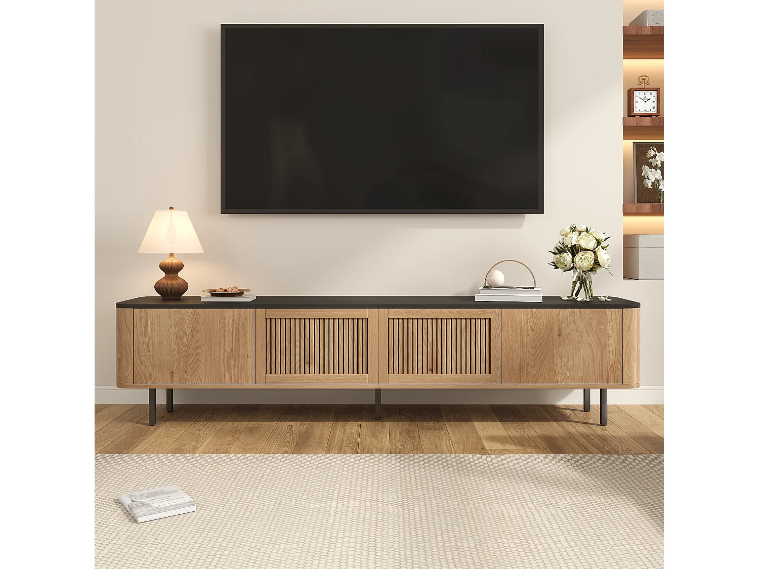 Moderner TV-Ständer – 190 x 35 x 45 cm – mit 4 Türen – Einzigartiges Design – MDF + Spanplatte – Natur