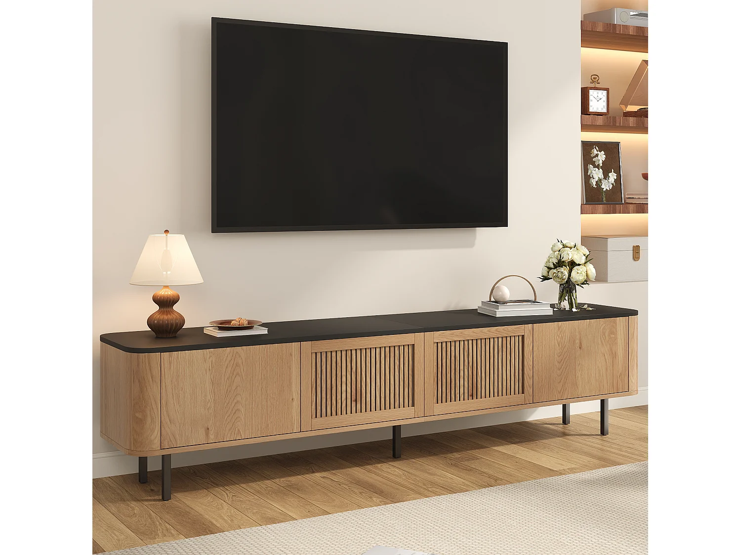 Moderner TV-Ständer – 190 x 35 x 45 cm – mit 4 Türen – Einzigartiges Design – MDF + Spanplatte – Natur