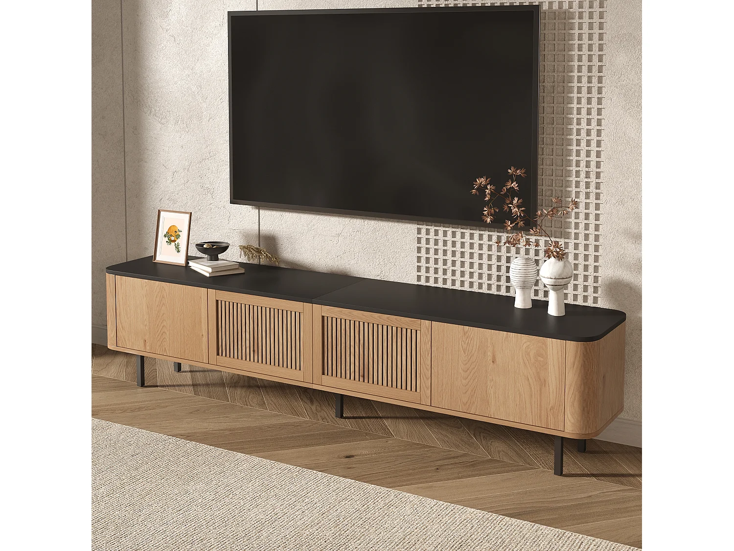 Mobile TV moderno - 190 x 35 x 45 cm - con 4 ante - Design unico - MDF + truciolato - naturale