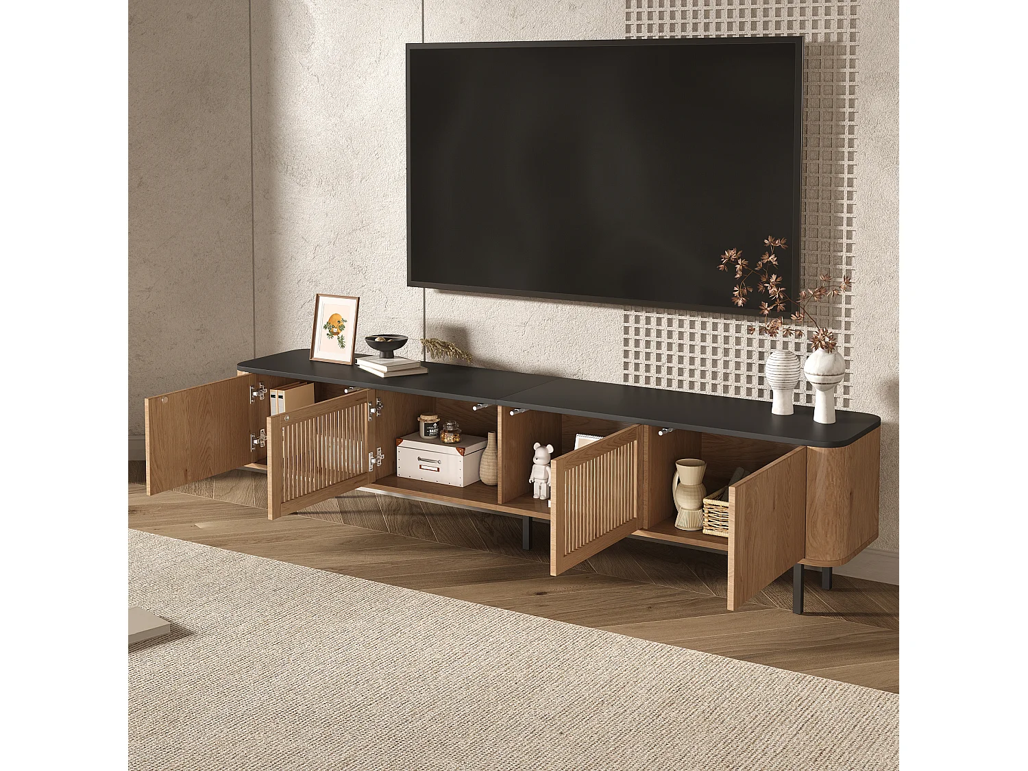 Mobile TV moderno - 190 x 35 x 45 cm - con 4 ante - Design unico - MDF + truciolato - naturale