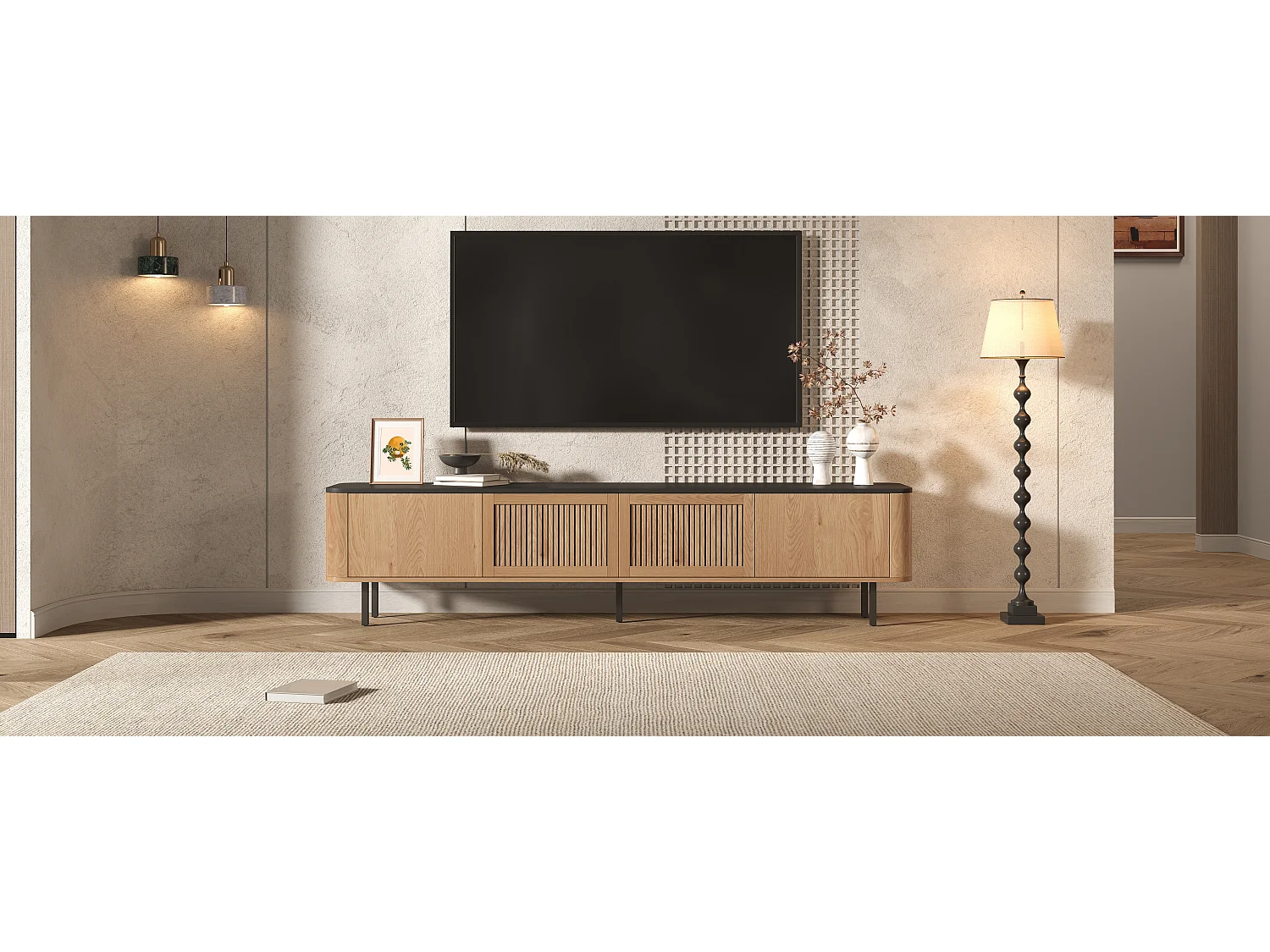 Mobile TV moderno - 190 x 35 x 45 cm - con 4 ante - Design unico - MDF + truciolato - naturale