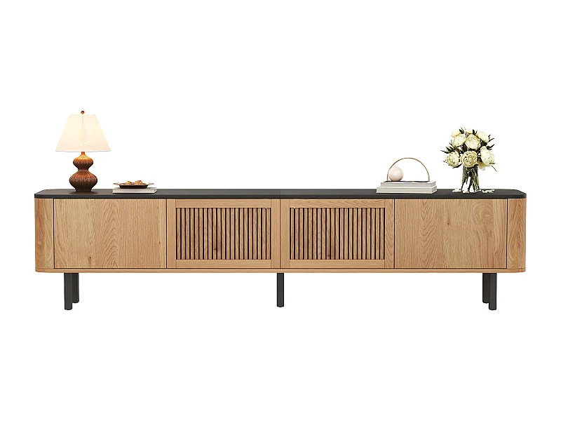 Moderner TV-Ständer – 190 x 35 x 45 cm – mit 4 Türen – Einzigartiges Design – MDF + Spanplatte – Natur