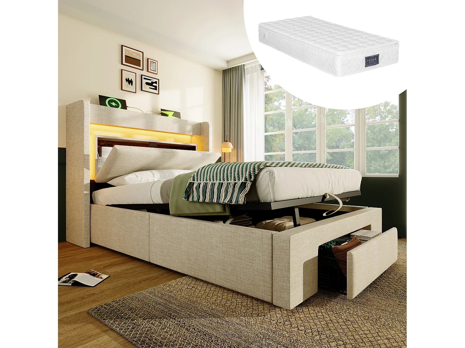 Lit coffre hydraulique capitonné - 90 x 200 cm - avec tête de lit de rangement + Leds + USB + tiroir - lin - beige（avec matelas)