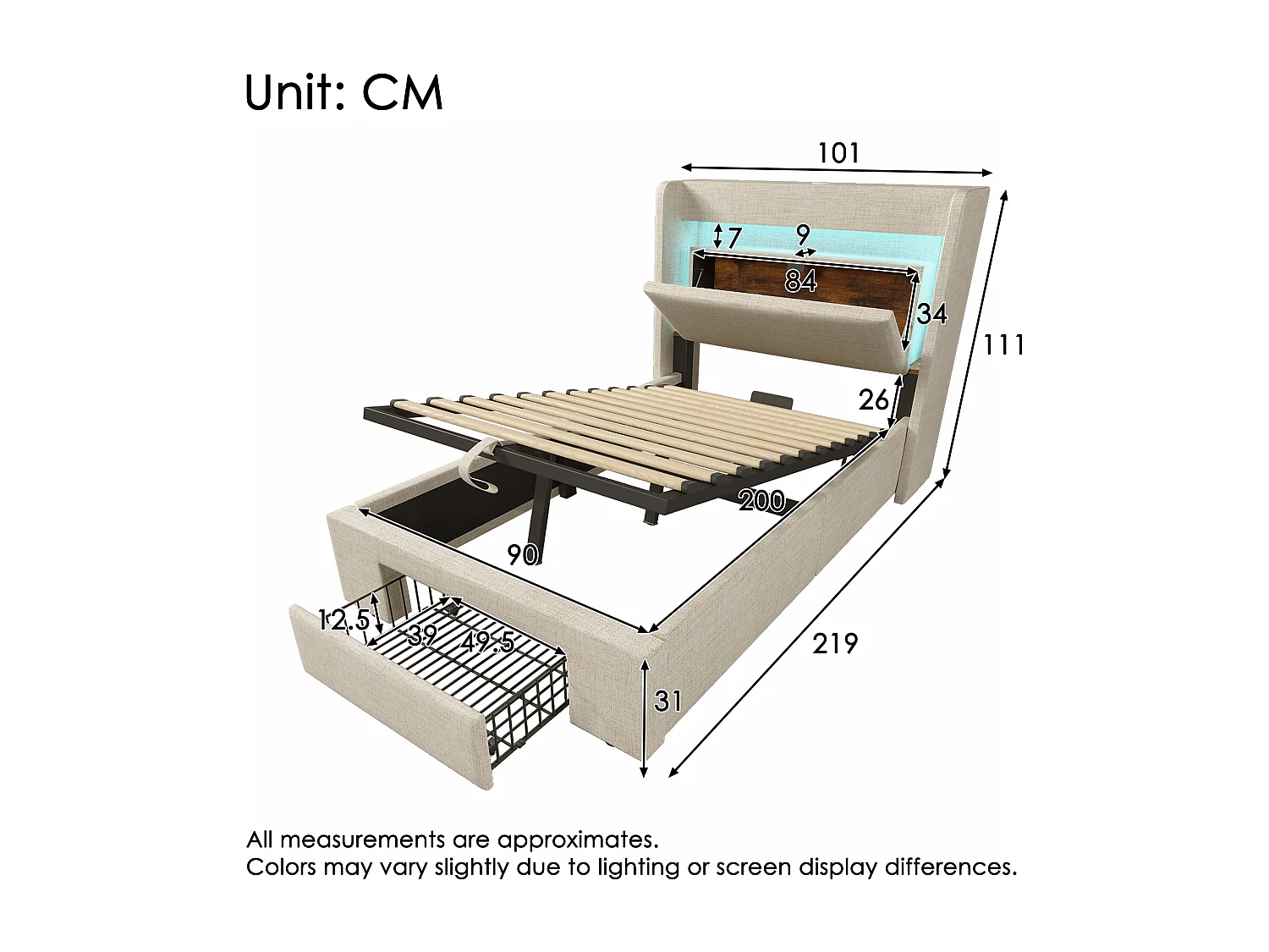 Lit coffre hydraulique capitonné - 90 x 200 cm - avec tête de lit de rangement + Leds + USB + tiroir - lin - beige（avec matelas)