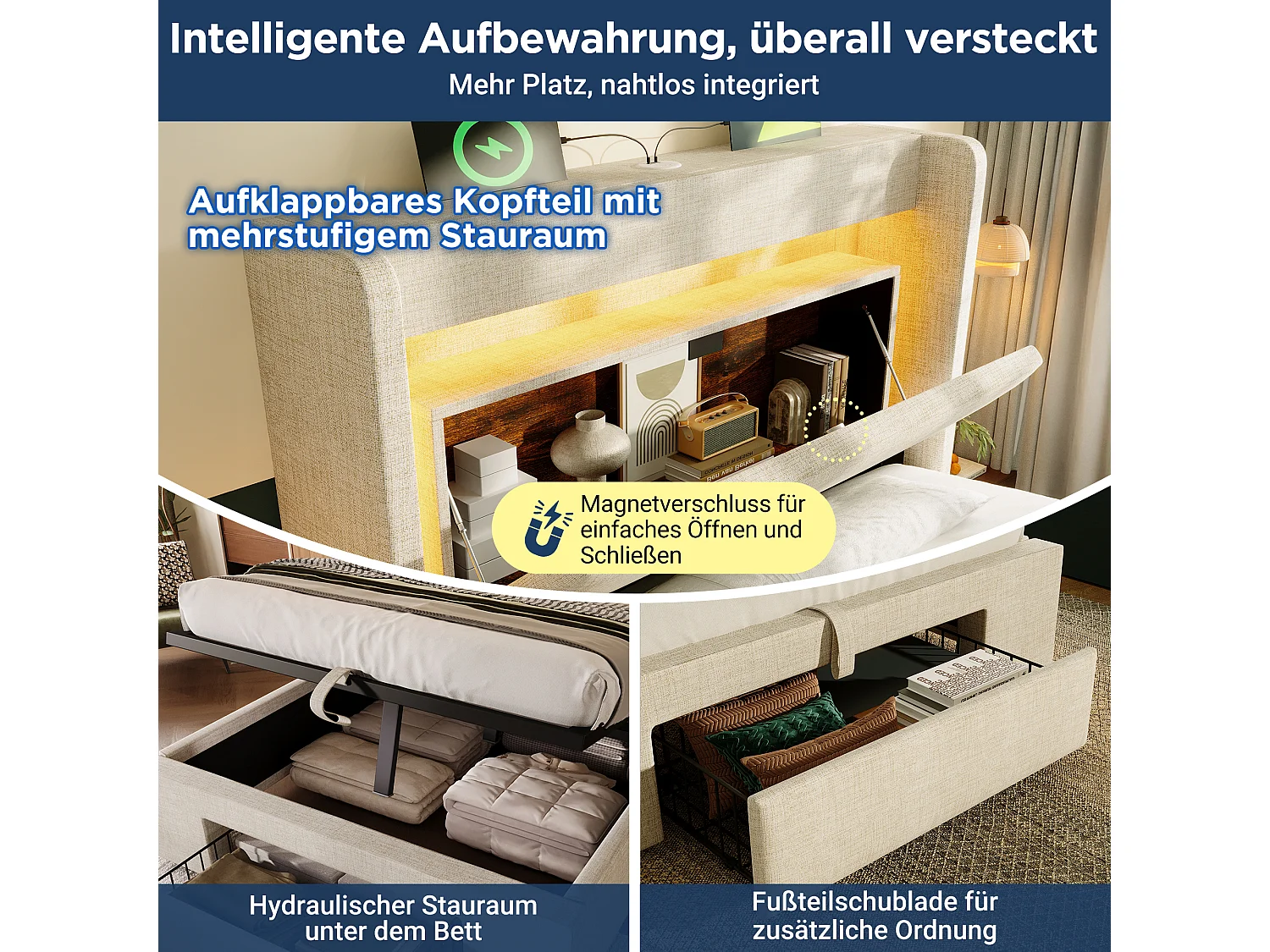 Lit coffre hydraulique capitonné - 90 x 200 cm - avec tête de lit de rangement + Leds + USB + tiroir - lin - beige（avec matelas)