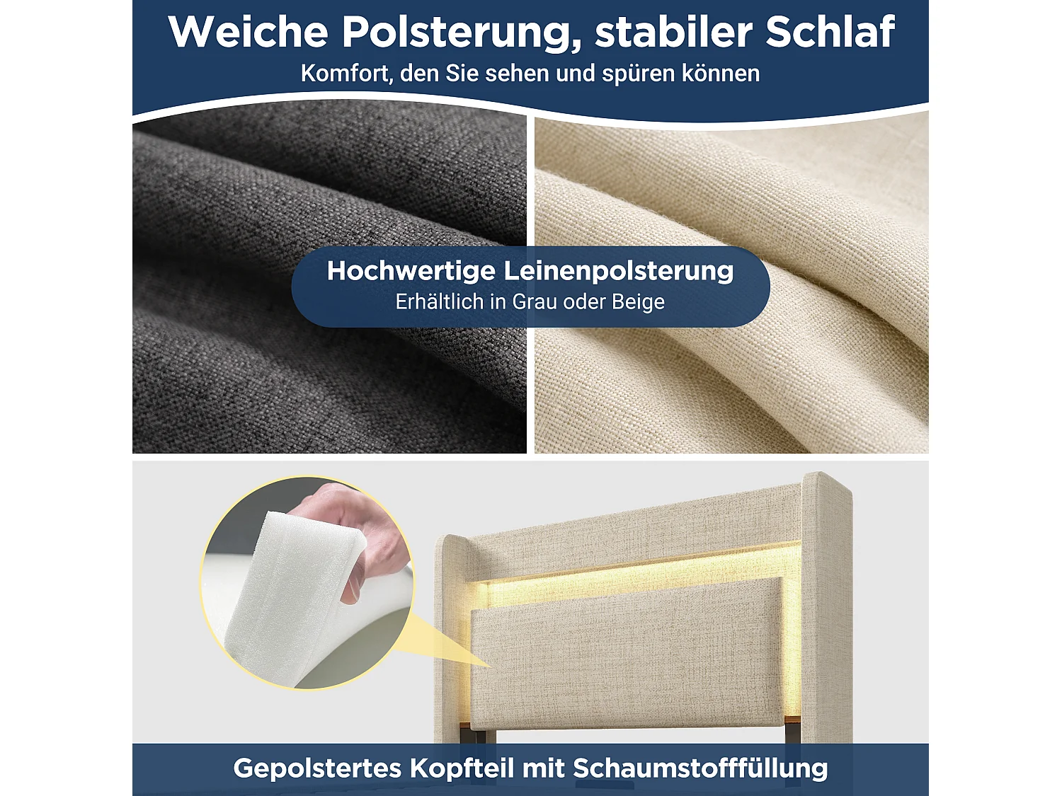 Lit coffre hydraulique capitonné - 90 x 200 cm - avec tête de lit de rangement + Leds + USB + tiroir - lin - beige（avec matelas)