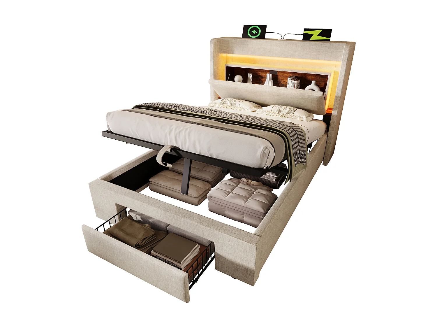 Lit coffre hydraulique capitonné - 90 x 200 cm - avec tête de lit de rangement + Leds + USB + tiroir - lin - beige（avec matelas)