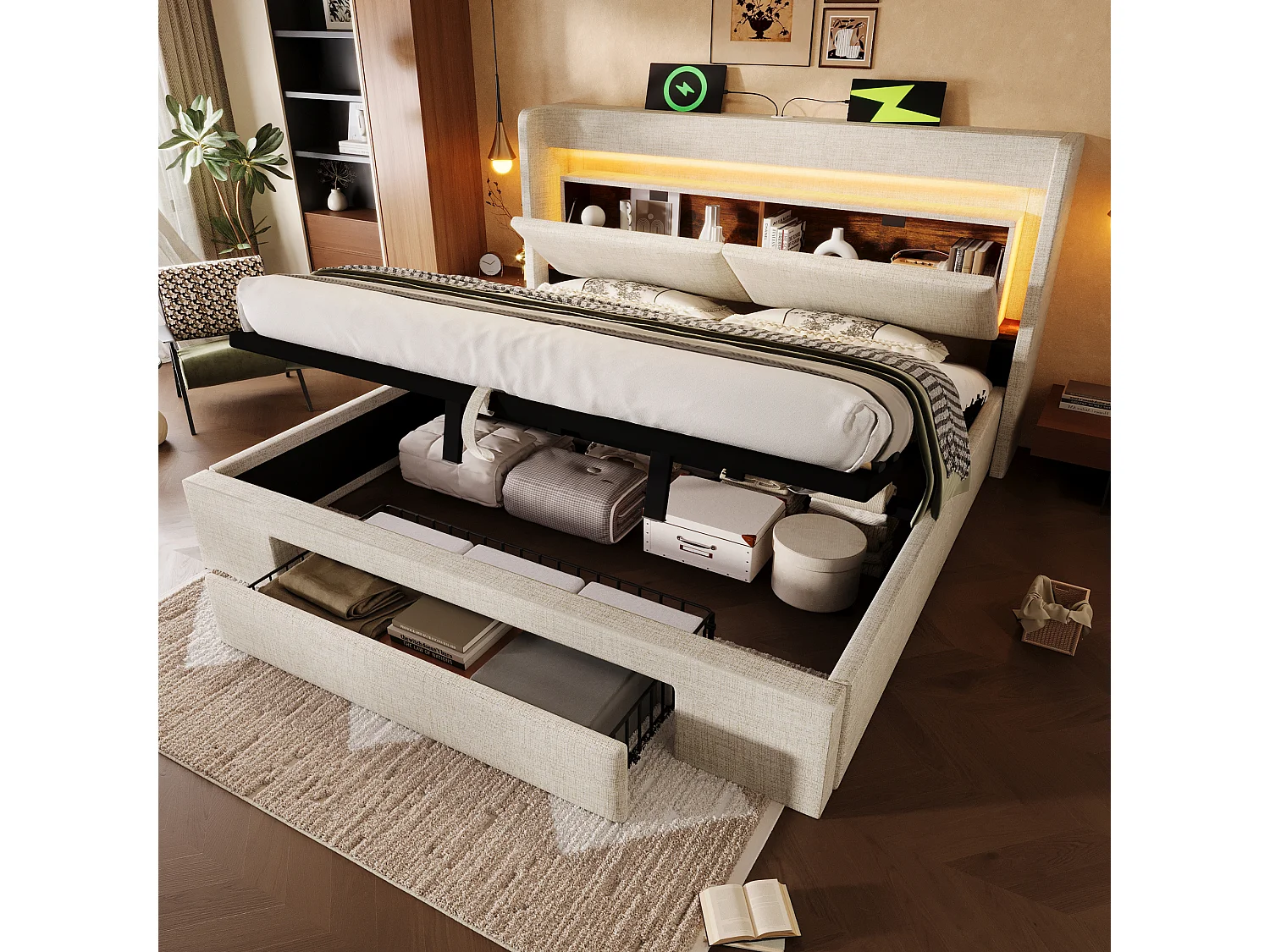 Gepolstertes hydraulisches Stauraumbett – 140 x 200 cm – mit Stauraum im Kopfteil, LED-Beleuchtung, USB-Anschluss und Schublade – Leinen – beige