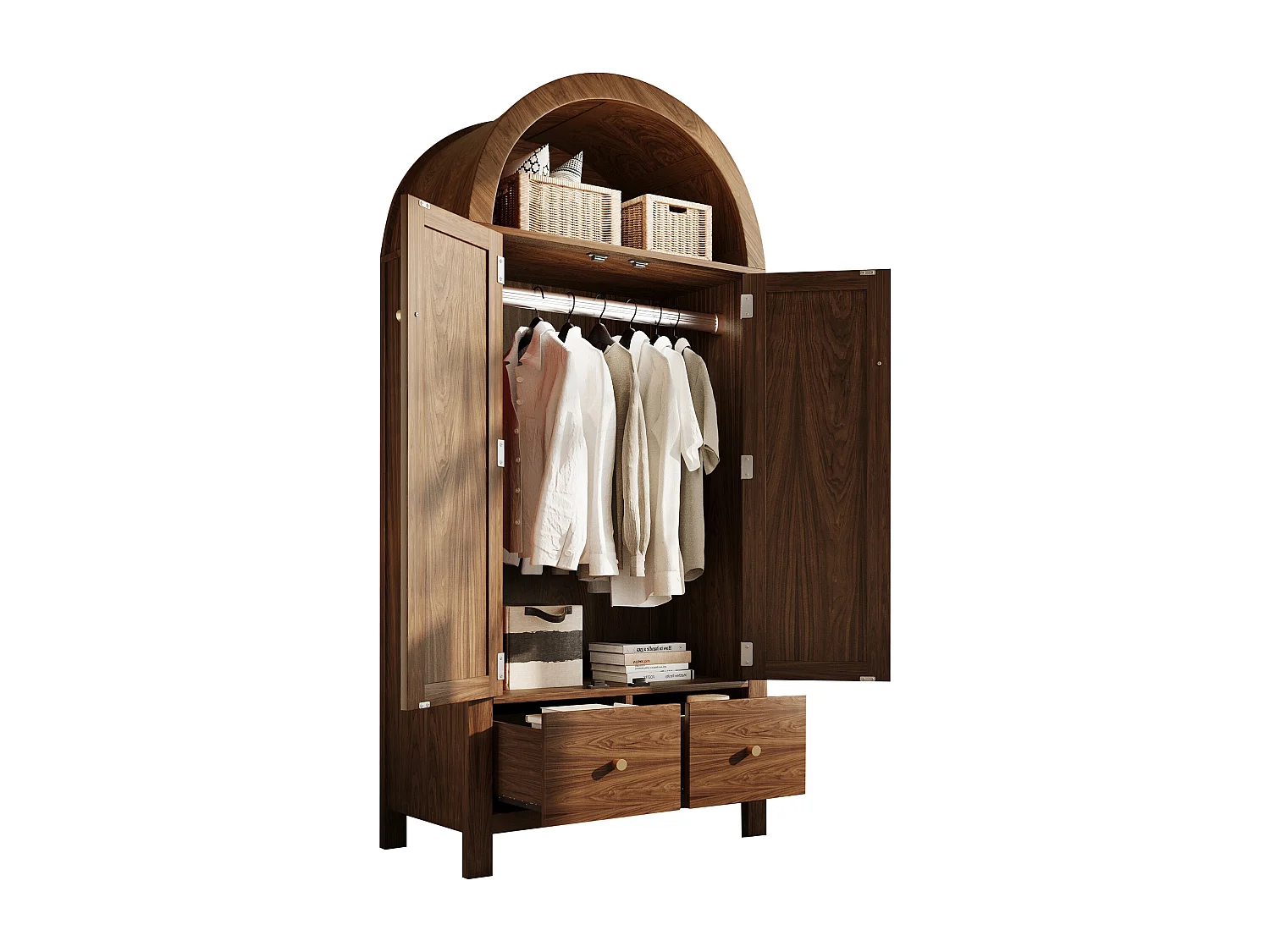Kleiderschrank aus geflochtenem Rattan – 78 x 45 x 181 cm – Landhausstil mit Walnuss-Finish – mit 2 Türen und 2 Schubladen – Holz – dunkel natur