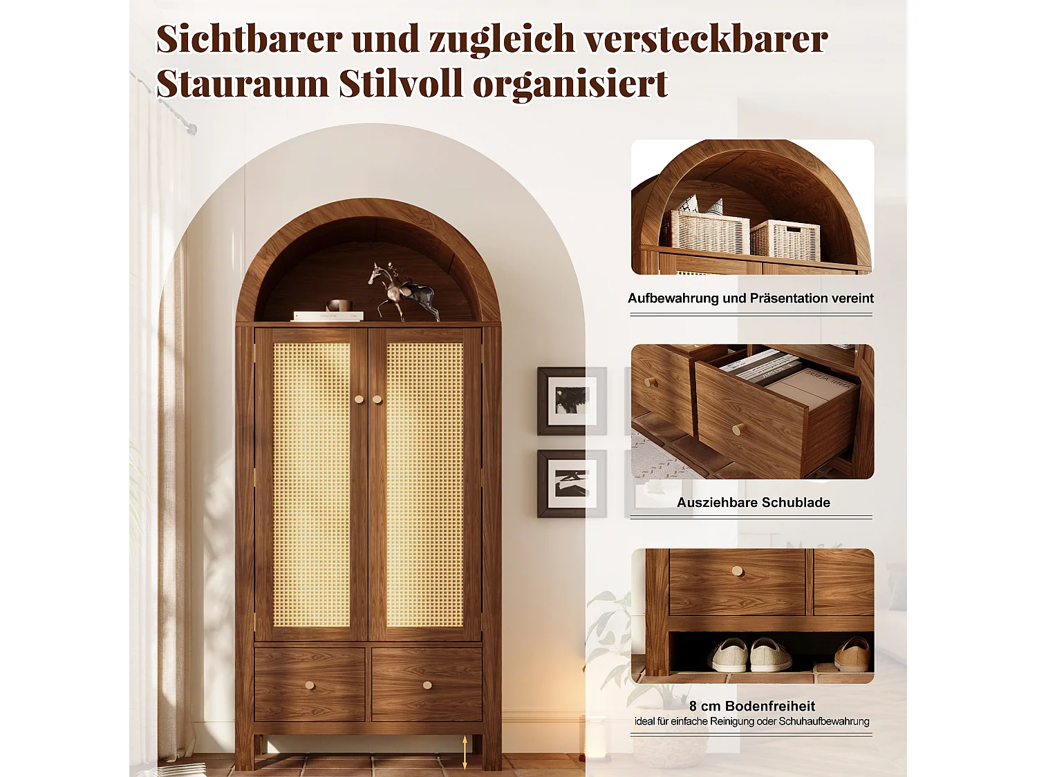 Kleiderschrank aus geflochtenem Rattan – 78 x 45 x 181 cm – Landhausstil mit Walnuss-Finish – mit 2 Türen und 2 Schubladen – Holz – dunkel natur