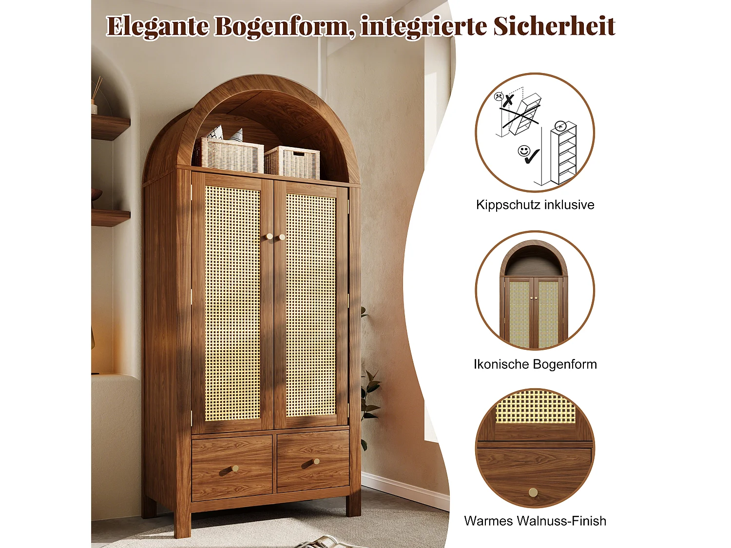 Kleiderschrank aus geflochtenem Rattan – 78 x 45 x 181 cm – Landhausstil mit Walnuss-Finish – mit 2 Türen und 2 Schubladen – Holz – dunkel natur