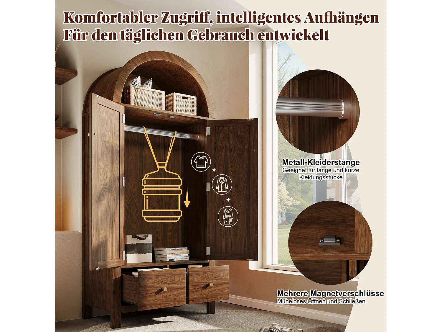 Kleiderschrank aus geflochtenem Rattan – 78 x 45 x 181 cm – Landhausstil mit Walnuss-Finish – mit 2 Türen und 2 Schubladen – Holz – dunkel natur