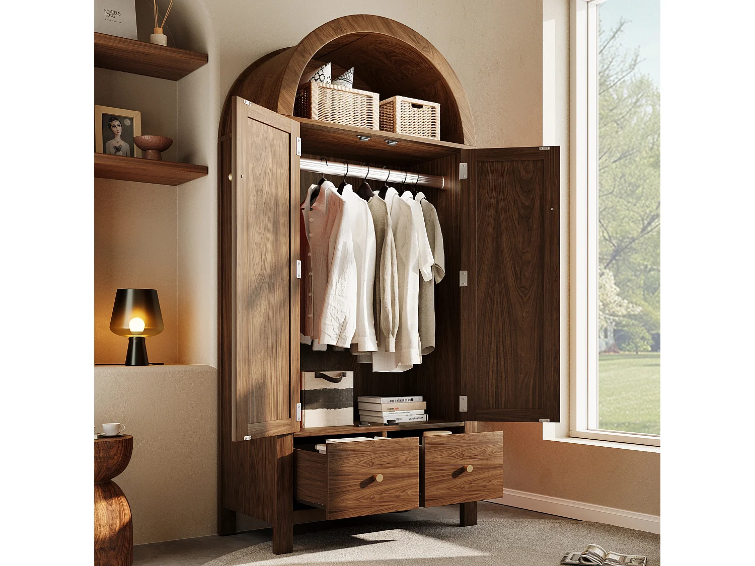 Kleiderschrank aus geflochtenem Rattan – 78 x 45 x 181 cm – Landhausstil mit Walnuss-Finish – mit 2 Türen und 2 Schubladen – Holz – dunkel natur