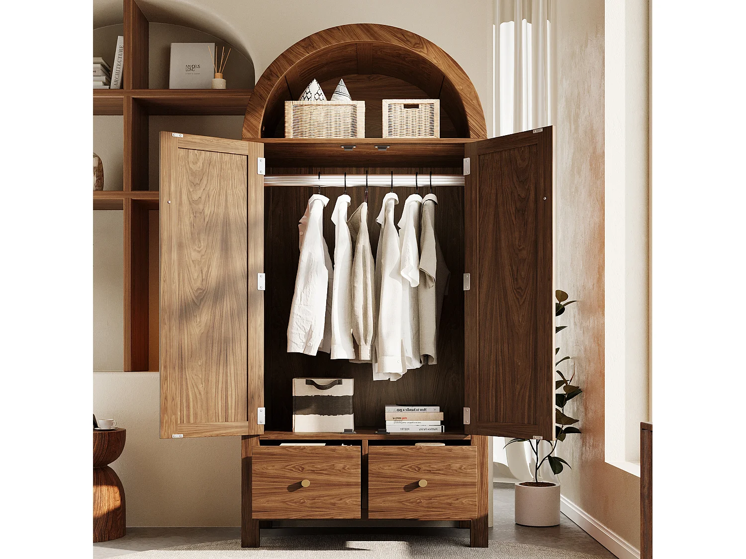 Kleiderschrank aus geflochtenem Rattan – 78 x 45 x 181 cm – Landhausstil mit Walnuss-Finish – mit 2 Türen und 2 Schubladen – Holz – dunkel natur