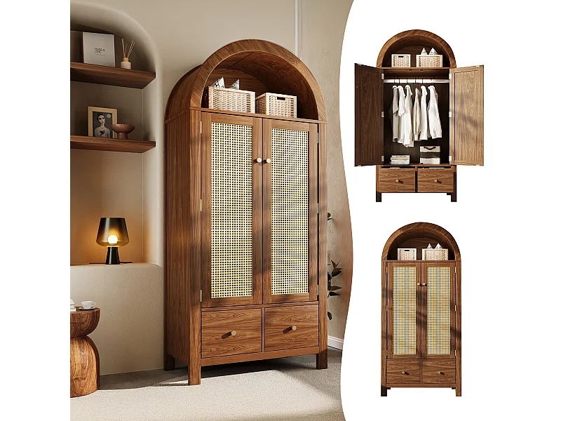 Kleiderschrank aus geflochtenem Rattan – 78 x 45 x 181 cm – Landhausstil mit Walnuss-Finish – mit 2 Türen und 2 Schubladen – Holz – dunkel natur