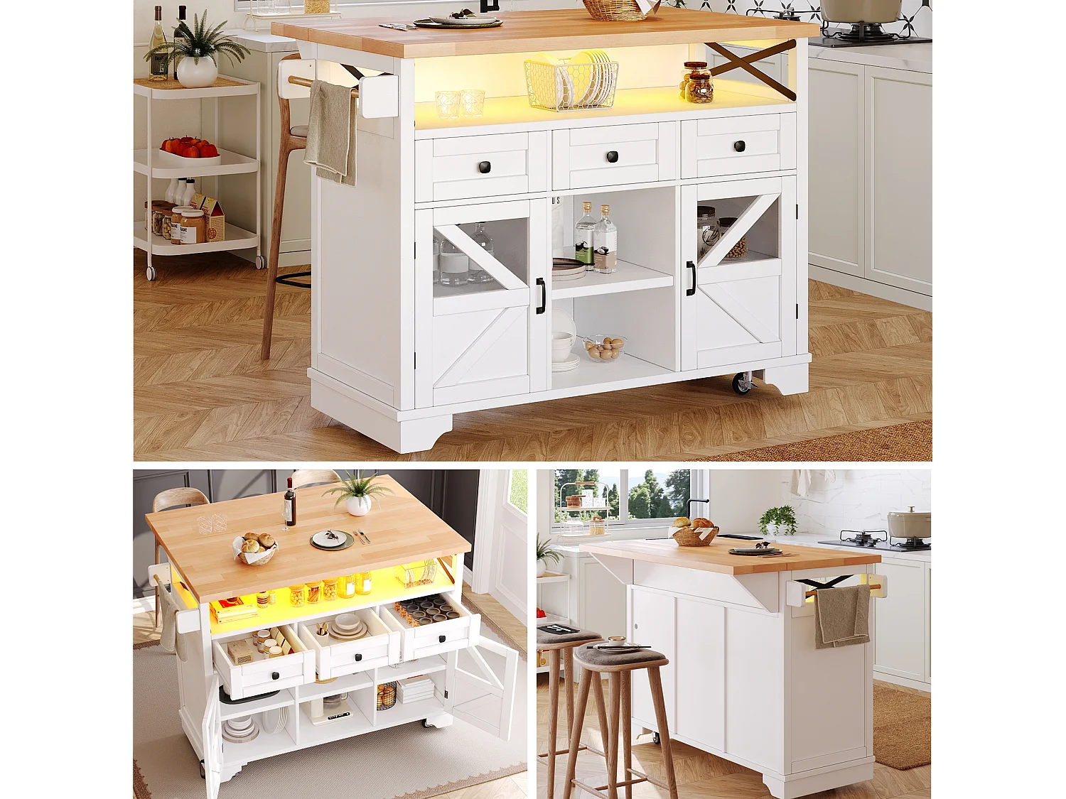 Îlot central mobile avec table pliante - 120 x 43/71 cm x 98 cm - avec Leds + 2 portes + 3 tiroirs + étagère - MDF - blanc