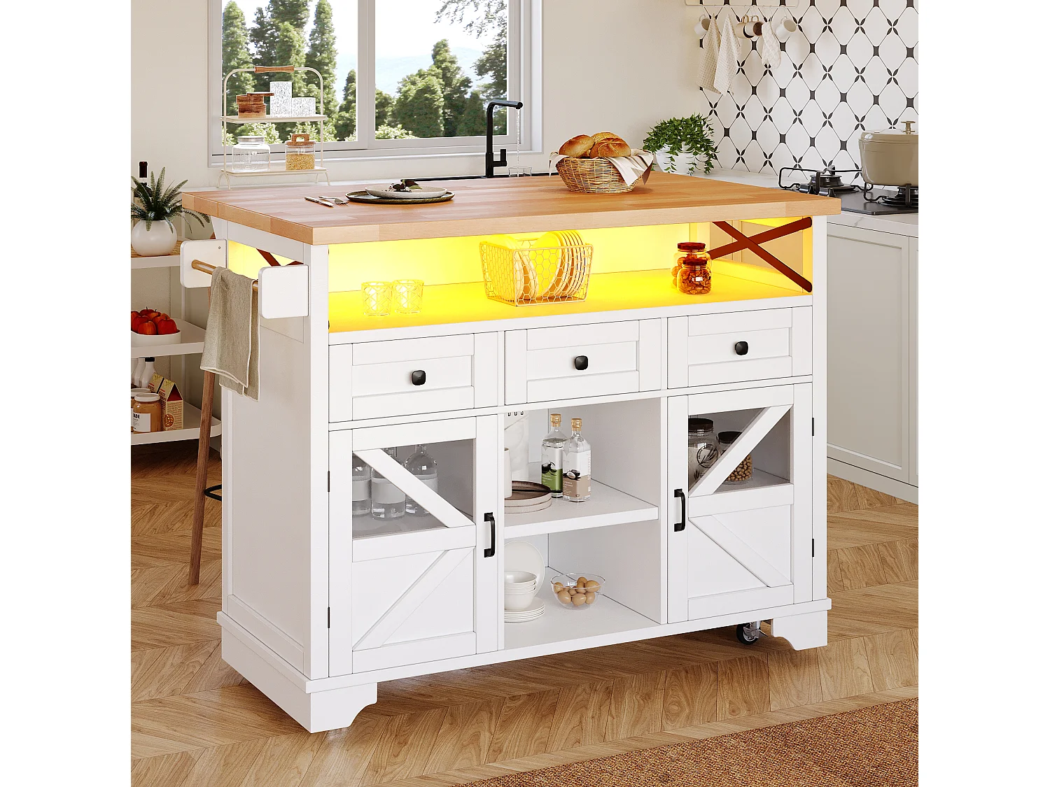 Îlot central mobile avec table pliante - 120 x 43/71 cm x 98 cm - avec Leds + 2 portes + 3 tiroirs + étagère - MDF - blanc