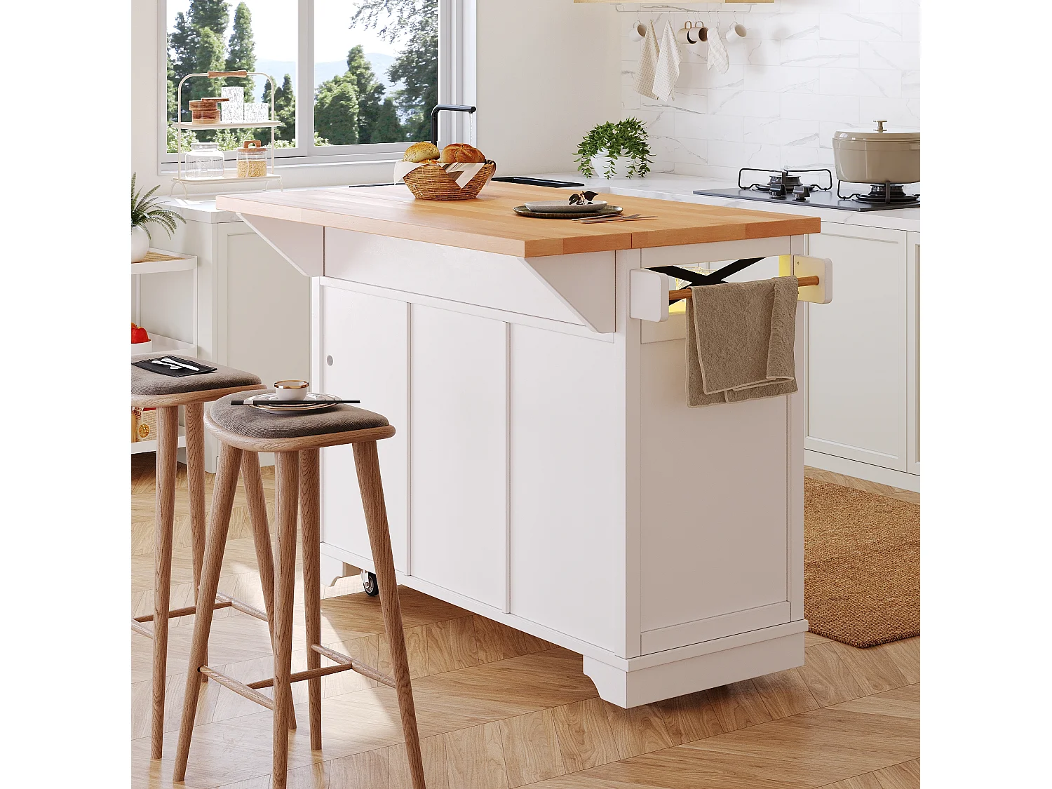 Îlot central mobile avec table pliante - 120 x 43/71 cm x 98 cm - avec Leds + 2 portes + 3 tiroirs + étagère - MDF - blanc