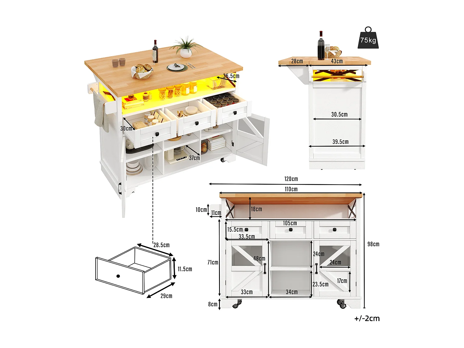 Îlot central mobile avec table pliante - 120 x 43/71 cm x 98 cm - avec Leds + 2 portes + 3 tiroirs + étagère - MDF - blanc