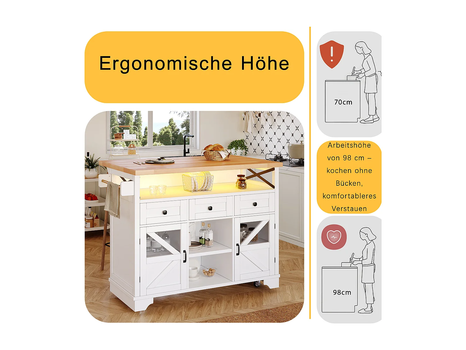 Îlot central mobile avec table pliante - 120 x 43/71 cm x 98 cm - avec Leds + 2 portes + 3 tiroirs + étagère - MDF - blanc