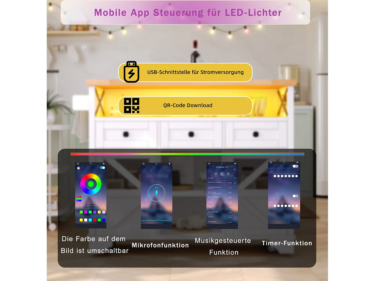 Îlot central mobile avec table pliante - 120 x 43/71 cm x 98 cm - avec Leds + 2 portes + 3 tiroirs + étagère - MDF - blanc